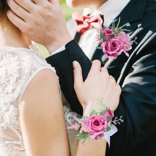 Campsis Corsage and Boutonniere Set, Deep Pink Wrist Corsages for Women, Set of 2 (1 Wrist Corsage and 1 Boutonniere), Artificial Flowers