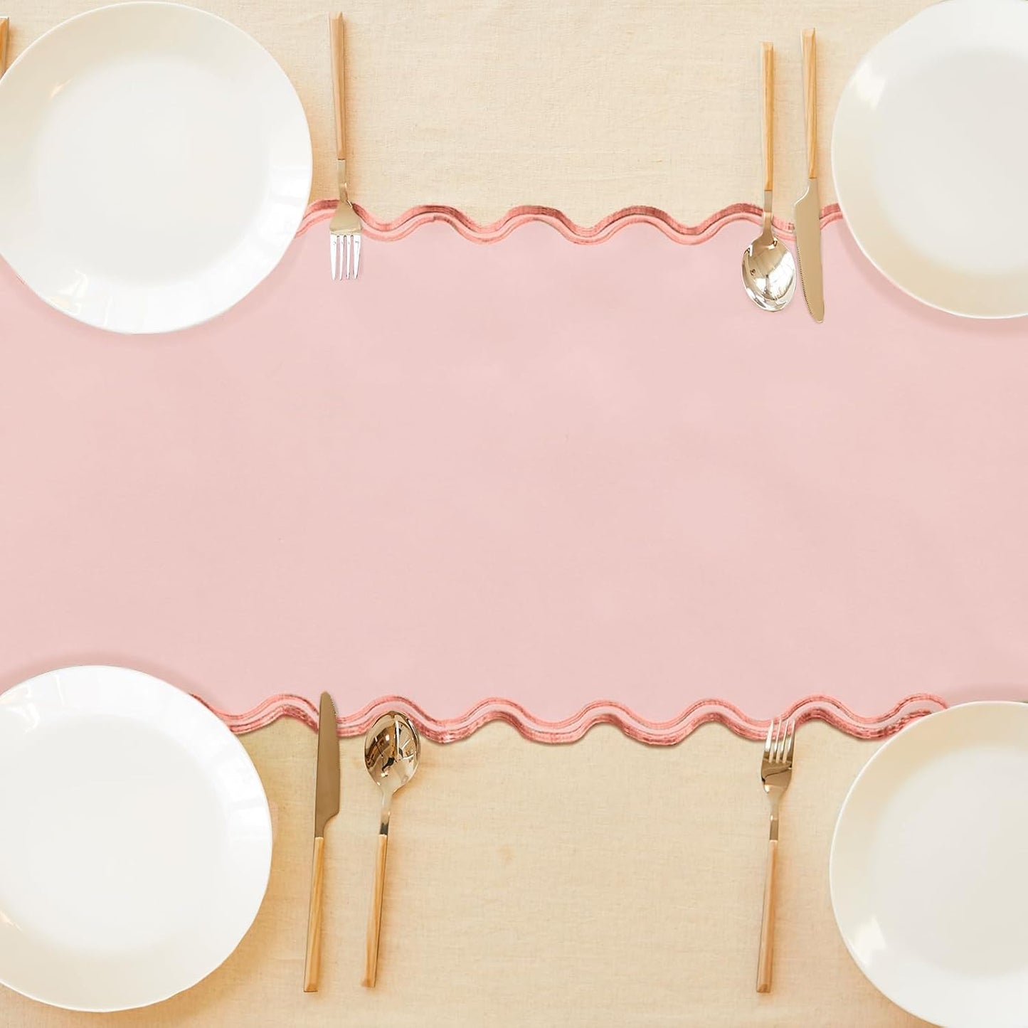 Scalloped Edge Table Runner 70 Inches Preppy Embroidery Edge Table Runner Cute Neutral Rustic Dining Decor for Kitchen(Blush Pink, Peach)