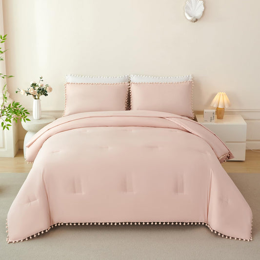 PERFEMET Peach Pink Comforter Set Queen Size, 5 Pieces Fluffy Solid Pink Pom Pom Queen Bedding Sets for Girls Women, All Season Soft Vintage Shabby Chic Kids Teen Bed in a Bag with Sheet Set