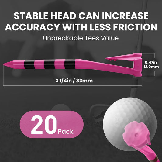 Golf Tees Plastic 3 1/4 Inch with Built-in Hat Clip 20 Pack, Unbreakable 4-Prong Striped Tees for Consistent Height, Bright Colors with Quick On-Course Access Design