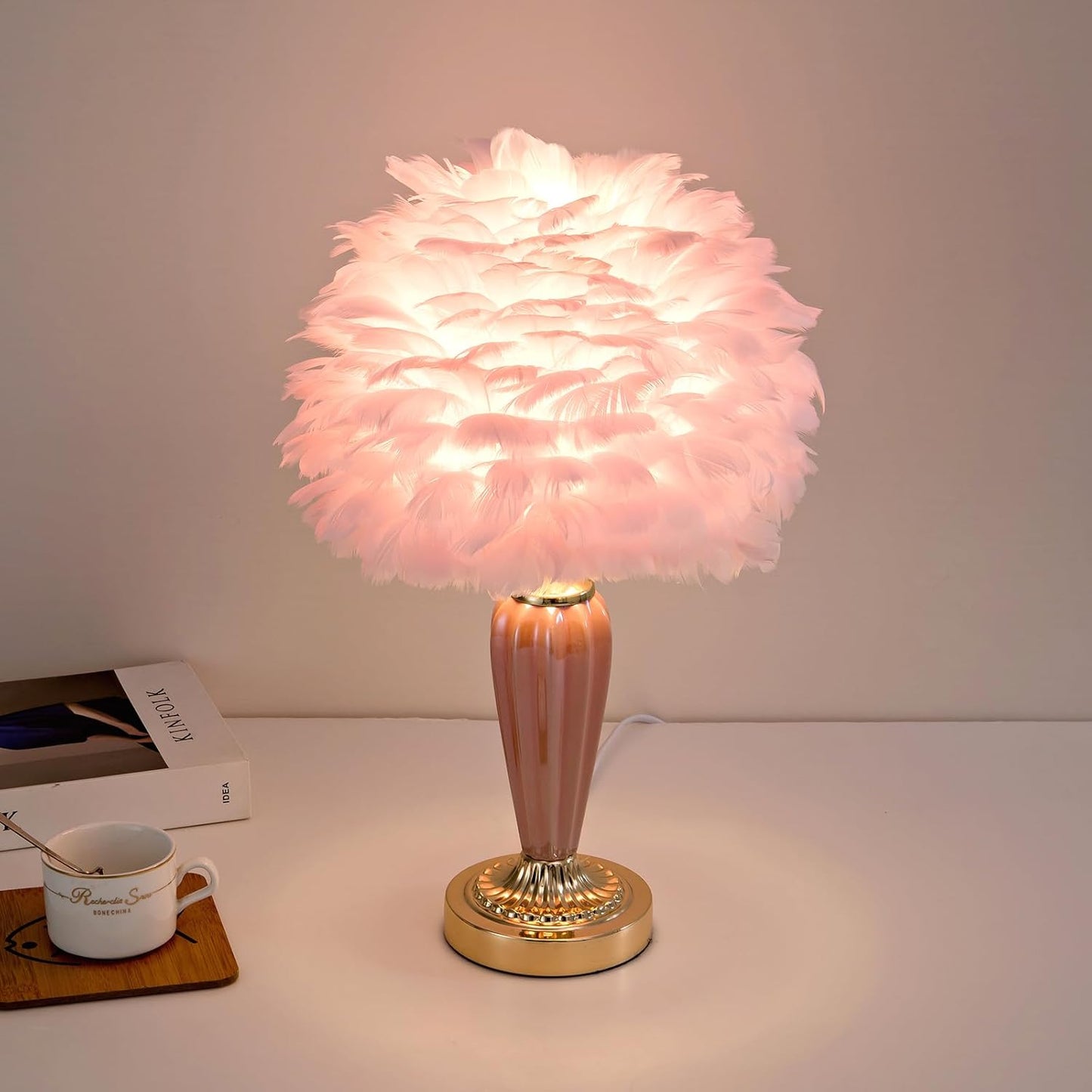 ZYLEISENBAO Pink Feather Lamp Creative Princess Bedside Lamp Feather Table Lamp Cute Goose Nightstand Light for Girl Bedroom Living Room Entryway Hotel Office Wedding Valentines