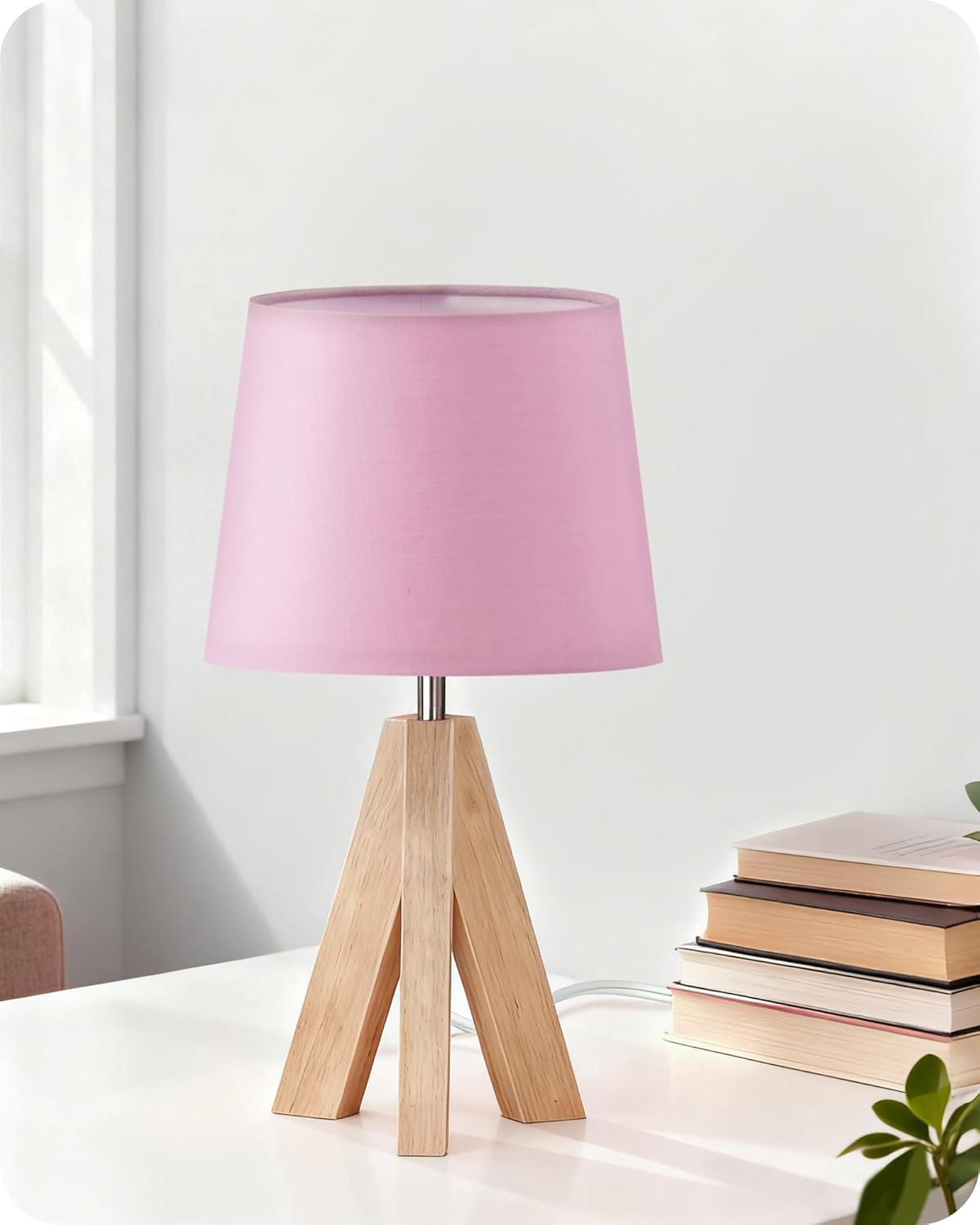 Pink Table Lamp, Small Tripod Table Lamp, Boho Bedside Lamp with Pink Linen Shade & Wood Base, Modern Nightstand Lamps, Little Cute Desk Lamp for Girls Room, Kids Room, Bedroom, P51TL05