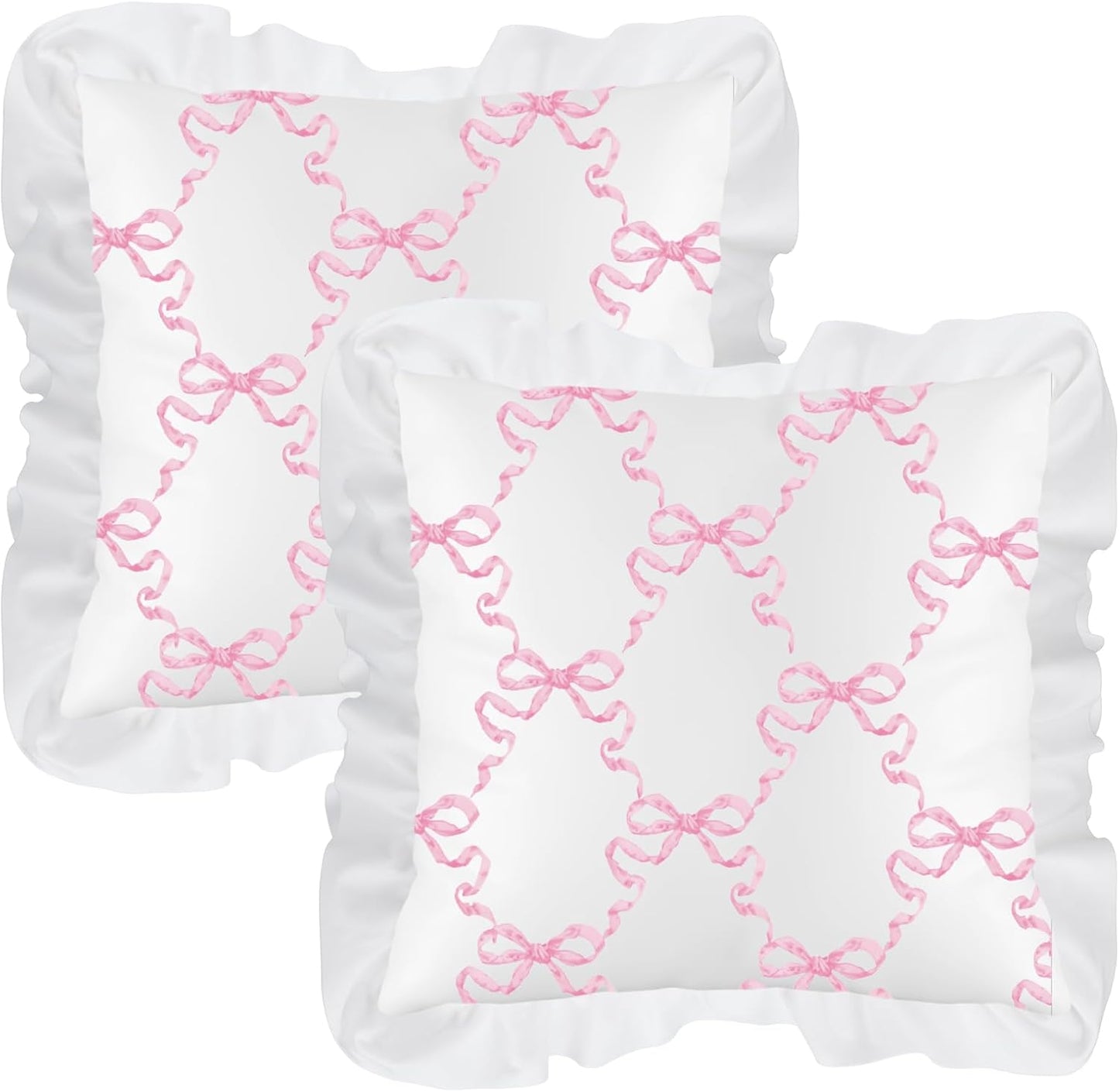 Fanfanwin Pink Bow Pillow Covers Set of 2 Christmas Ruffle Pillow Cases Coquette Pillowcase Sham Covers Cute Preppy Bow Pillows Decorative Girly Apartment Bedroom Room Decor 18 x 18''
