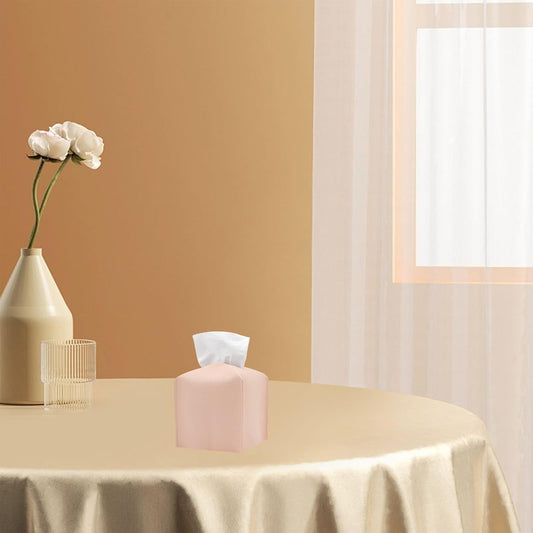 1PC Square Tissue Box Cover, PU Leather Square Tissue Box Holder with Bottom Belt Modern Tissue Box Organizer for Bathroom/Car/Hotel/Office (5.25”x5.25”x5”, Pink)