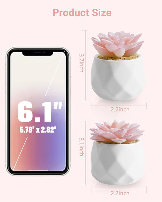VIVERIE Mini Succulents Plants Artificial in Pots-Pink, Christmas Small Fake Succulents Plants for Home Decor Indoor for Women, White Ceramic Faux Succulents, Set of 2, Gifts for Mom