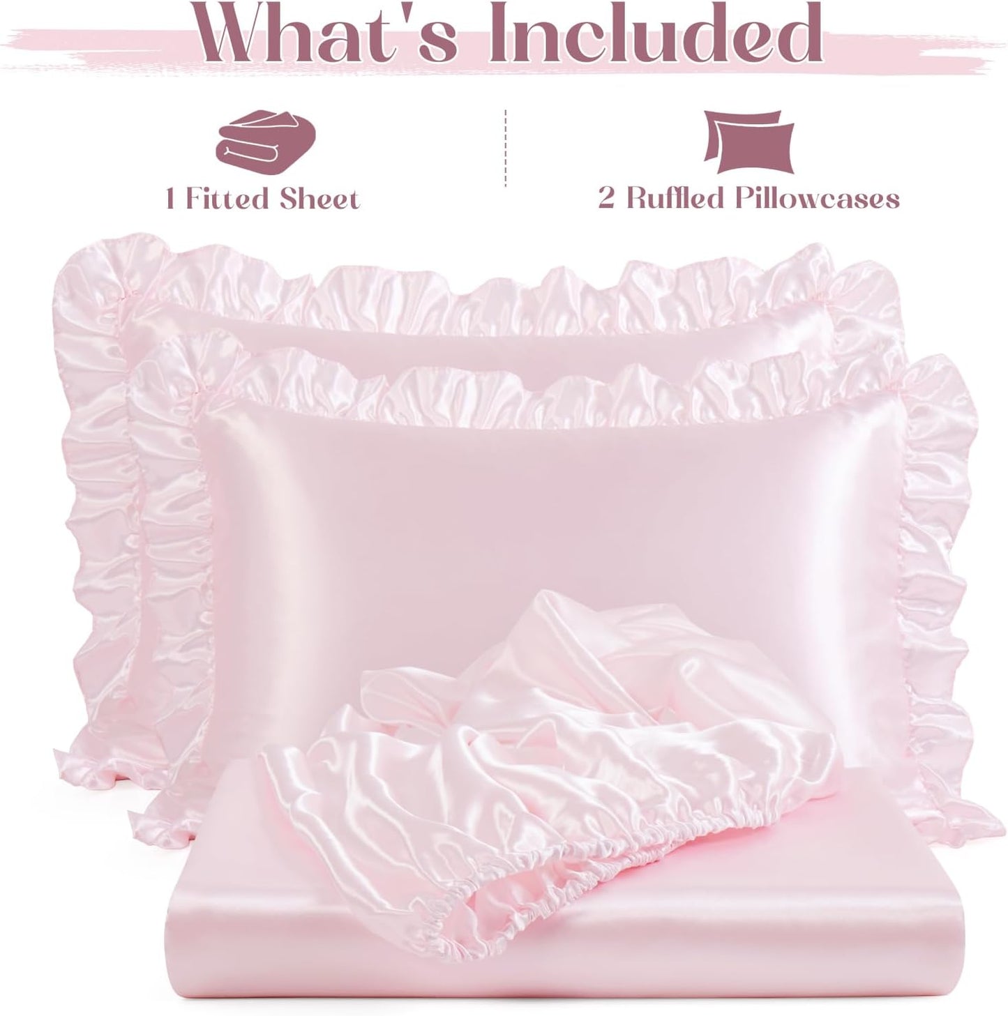 Homiest 3-Pieces Ruffle Pillow Case & Satin Fitted Sheet Set, Blush Pink Full Satin Sheets with 2 Ruffled Pillow Shams, 15 Inch Deep Pocket, Cute & Coquette Silk-Like Bed Set for Decorating Bedroom