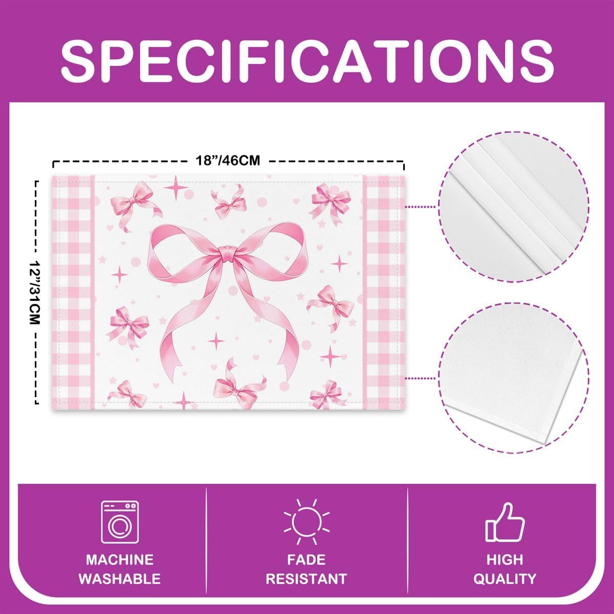 Feelyou Pink Bow Placemats Set of 4 12x18 Inch Plaid Table Mats for Party Kitchen Dining Decoration Holiday Seasonal Gird Bowknot Place Mat for Dinner Table Indoor Non-Slip Washable Coquette Decor
