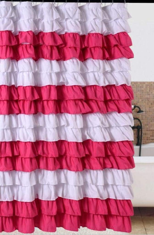 Waterfall Ruffled Fabric Shower Curtainsize 72 x 72 inch (Strip White/Pink)