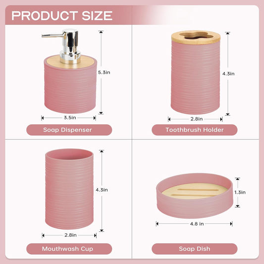 4 Pieces Bamboo Bathroom Accessories Set, Bathroom Accessory Set with Soap Dispenser and Toothbrush Holder, Soap Dish and Toothbrush Cup, Boho Bathroom Decor(LightPink)