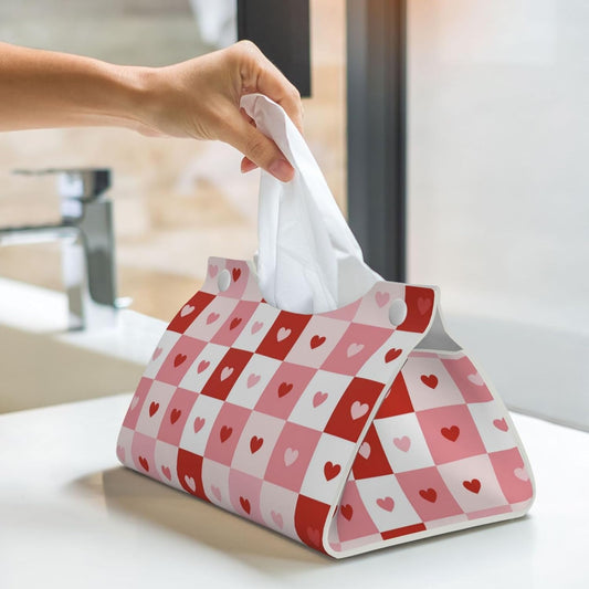 Checkerboard Valentine Squares Pink Hearts Tissue Box Cover Rectangle Pu Leather Tissue Box Holder for Car Bathroom Bedroom Desk Tabletop Decor
