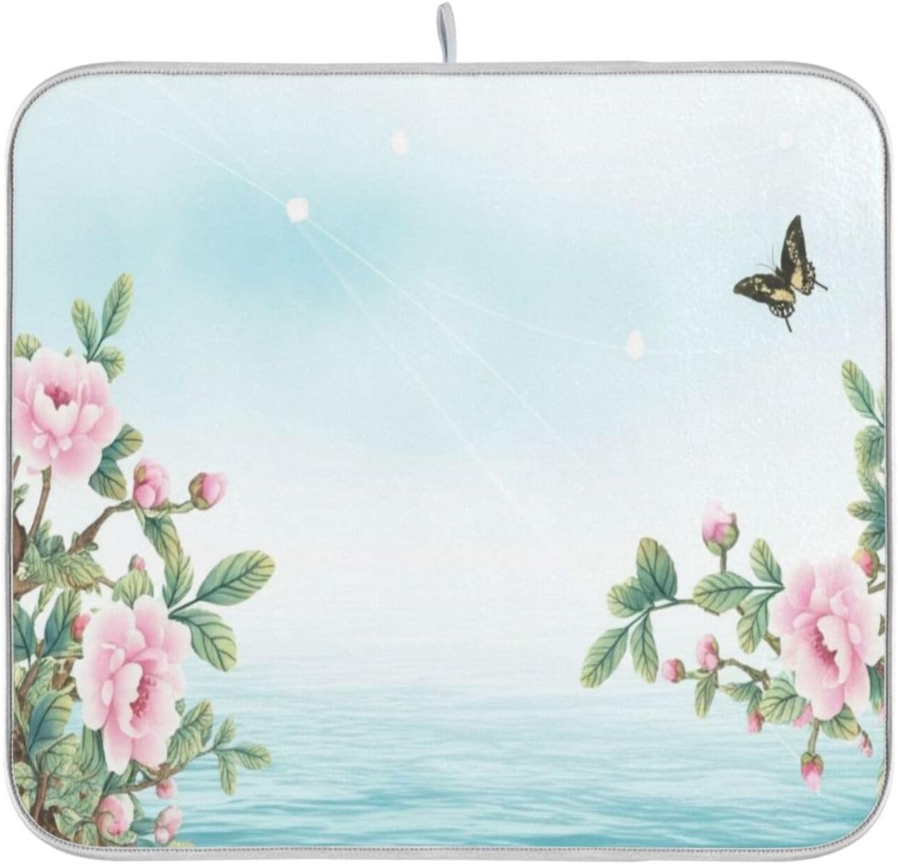 Dish Drying Mats for Kitchen Counter, Pink Floral Light Blue Coffee Bar Mat Reversible Absorbent Kitchen Drying Mat for Kitchen Counter Holiday Home Decoration Large 18 x 24 Inch
