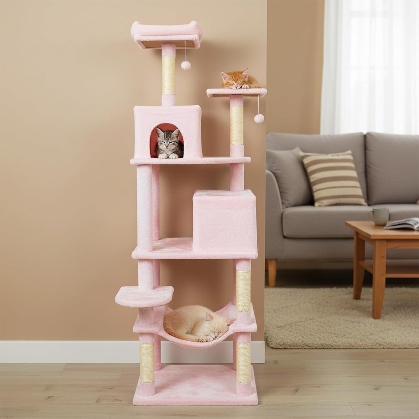 Tangkula Pink Cat Tree for Indoor Cats, 75 Inch Extra Tall Cat Tower with Sisal Scratching Post, Padded Top Perch, Dual Condos, Hammock, 2 Dangling Balls, Platforms, Multi-level Cat Climbing Furniture