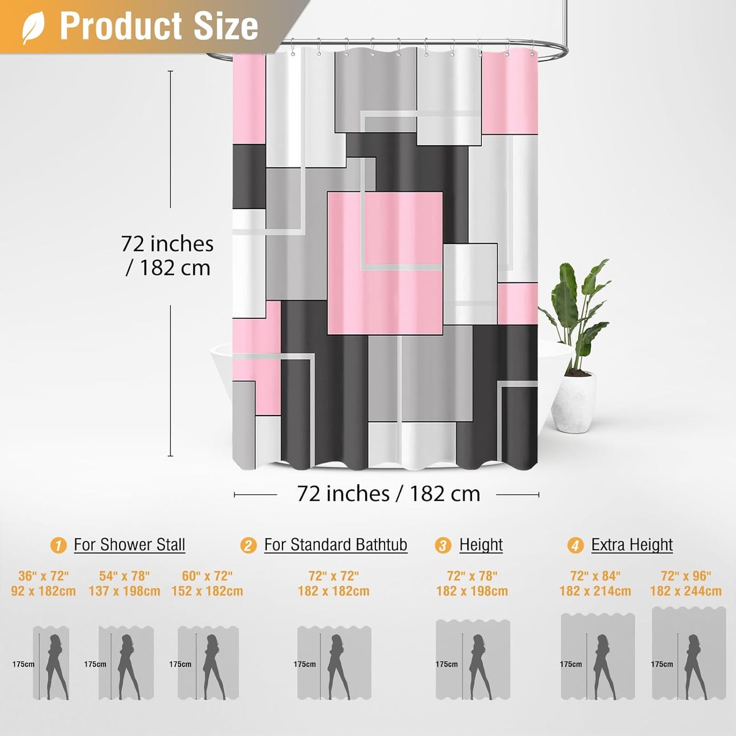 BTTN Pink Fabric Shower Curtain Set, Modern Geometric Neutral, Weighted Hem, Water Repellent, White Black Grey Decorative Polyester, 72x72