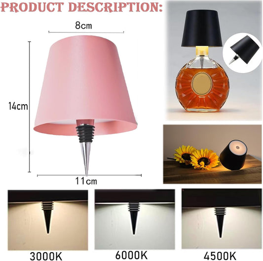 Neioaas Wine Bottle Lamp, 3 Color Light Dimming Metal Wine Bottle Light, Rechargeable Waterproof Bottle Touch Lamp Head with for Home,Bar,Camping,Travel,Restaurants, Party, Decor & Gifts(Pink, 1PC)