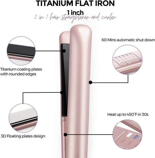 Rozamor Titanium Flat Iron Hair Straightener, 1 Inch Fast Heating Dual Voltage Styling Tool, 2 in 1 Straightener & Curler for All Hair Types, Pink