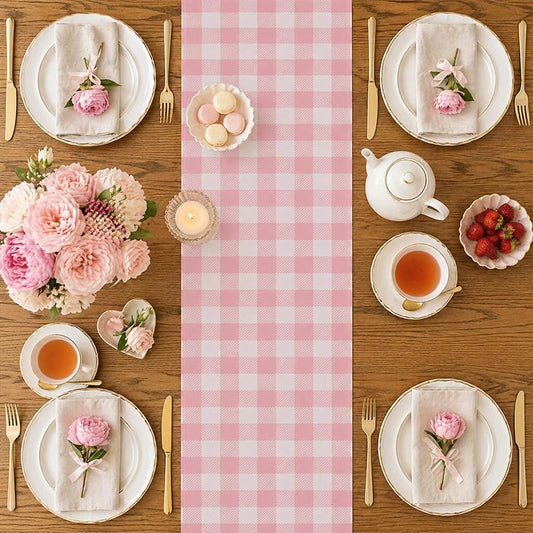 Easter Pink and White Buffalo Check Plaid Table Runner Gingham Pink Farm Birthday Party Decorations Home Kichen Dining Room Decor 13x72 Inch