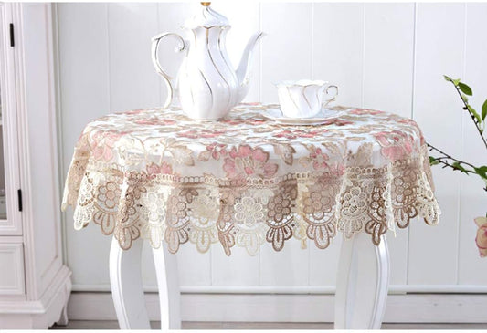 Lace Polyester Round Tablecloth Embroidery Round Table Cloths for Bedside Table Small Table(2 Seats), Round - 36", Pink