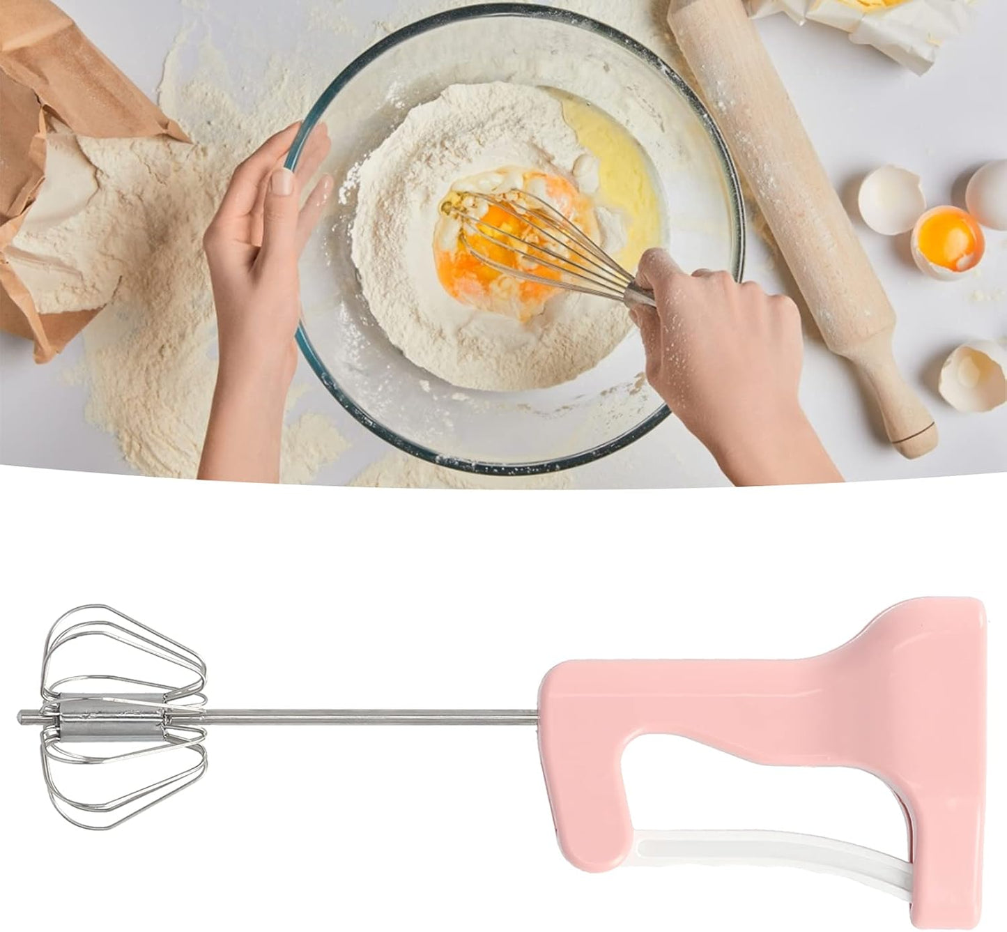 Semi Automatic Hand Mixer Egg Beater, Stainless Steel Pink 30cm - Ergonomic Grip, Quiet 360° Mixing, Ideal for Baking & Kitchen Use