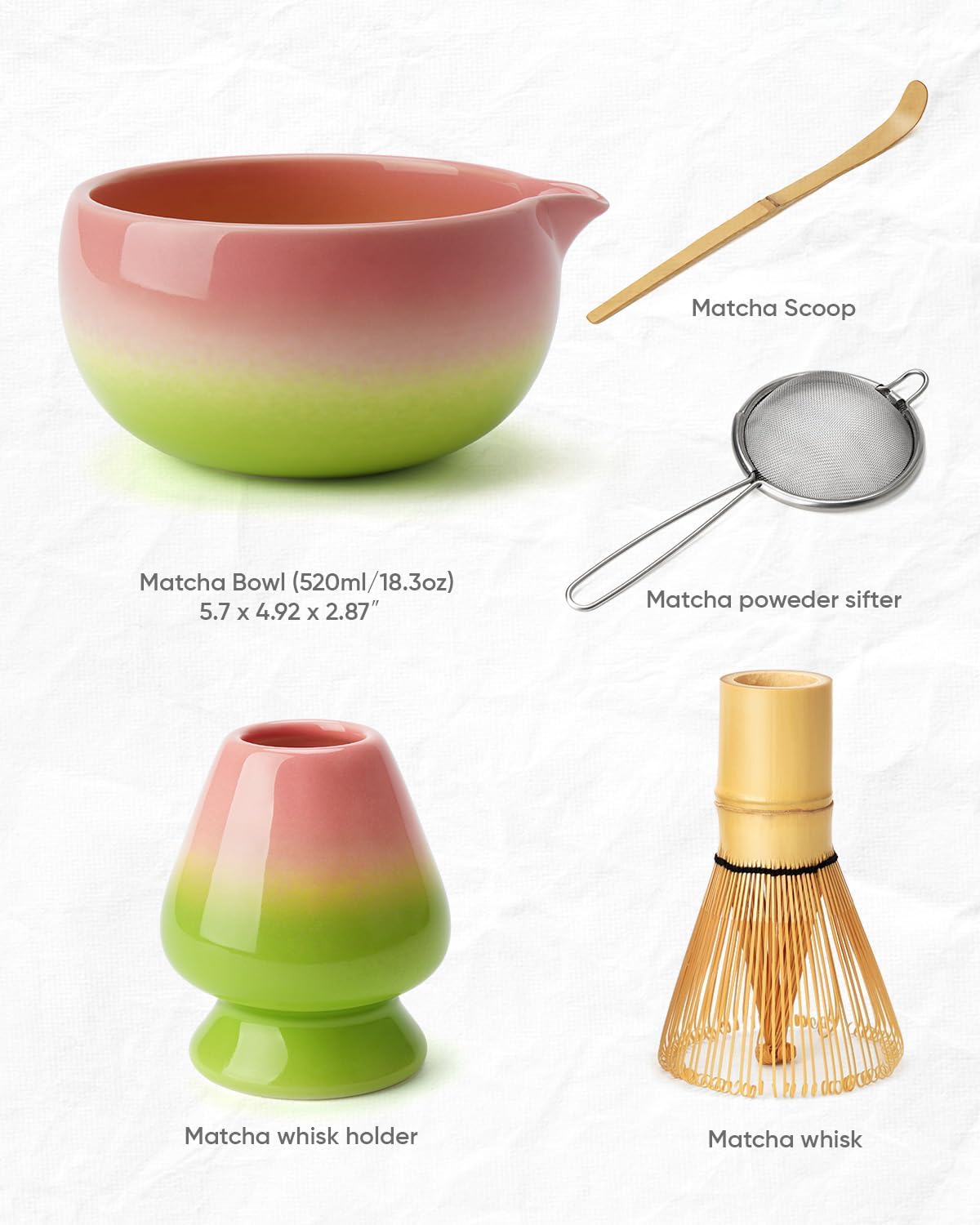 Joiish Matcha Whisk Set, Gradient Matcha Kit, Ceramic Bowl with Spout (18oz), Bamboo Whisk, Stainless Sifter, Scoop & Chasen Holder, 5-PC Complete Macha Tea Ceremony Tools (Pink-Green)