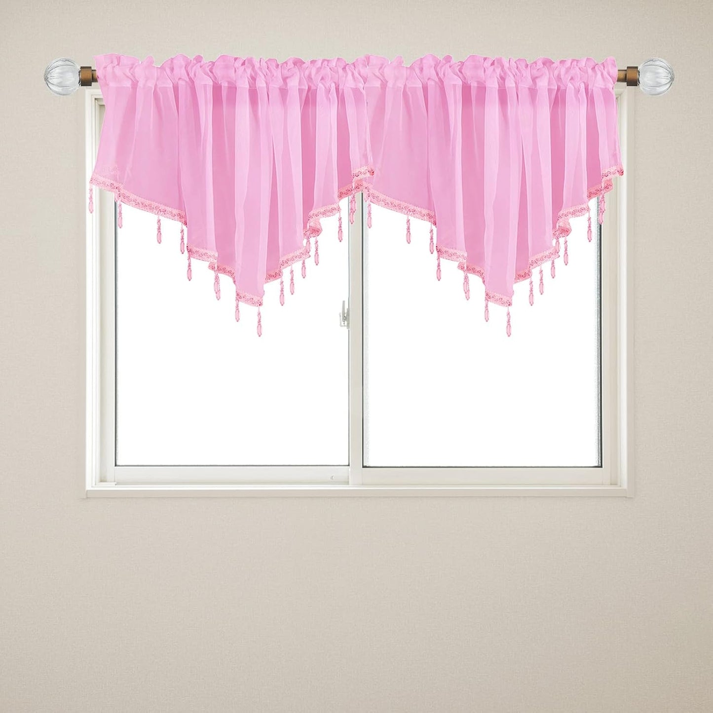 Yitexin Beaded Sheer Windows Valance 51.1 in W x 23.6 in L, Scalloped Kitchen Curtain, Bathroom Swag Sheer with Rod Pocket, Short Valance Drape for Bedroom Living Room (Light Pink)