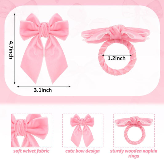 FYSUIMU 10Pcs Large Bow Napkin Rings Velvet Pink Bowknot Napkin Holder Chic Napkins Buckle Dinner Table Ring for Wedding Valentine’s Day Party Table Decor