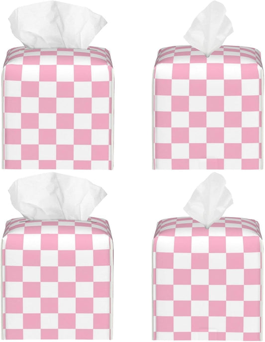 Pink Pastel Checkered Tissue Box Cover Square-Pu Leather Tissue Box Cover Holder-Paper Case Organizer for Bathroom,Night Stands,Office Desk,Car 5.2''X5.2''X5.2''