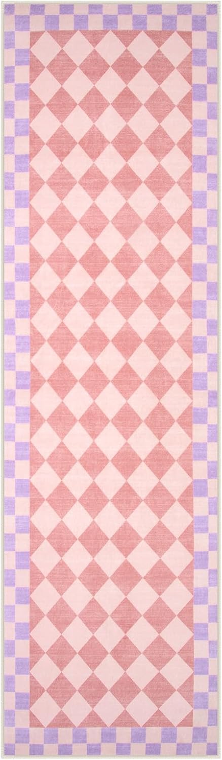 Morebes Pink Checkered Rug Runner for Hallways, 2x7 Washable Rug for Bedroom Non Slip Bath Mat, Soft Low Pile Checkerboard Indoor Carpet for Nursery Kids Room Playroom