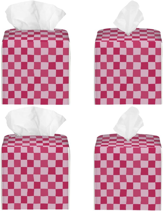 Pink Checkerboard Tissue Box Cover, Waterproof PU Leather Tissue Holder Organizer, Decorative Tissues Cube Boxes for Bedroom Dresser Nightstand