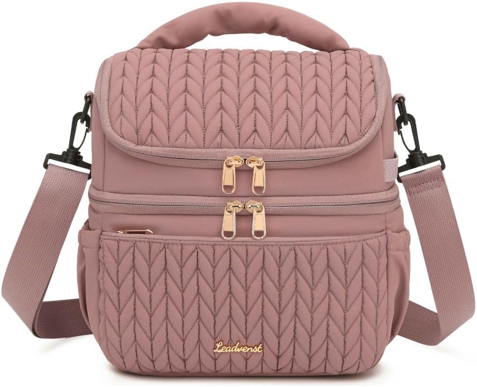 Lunch Bag Women, Double Deck Insulated Lunch Box - Large Capacity 12L with Detachable Divider for Tall Items, Leakproof, Durable & Reusable Cooler Bag For Work Picnic Travel, Quilted Pink