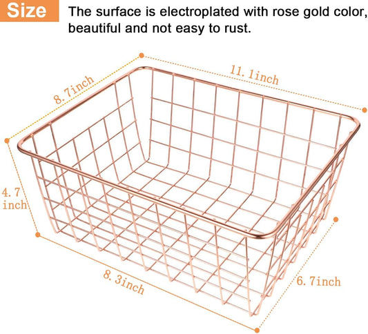 4 Pack Wire Baskets for Pantry Metal Wire Freezer Organizer Bins with Handles, Metal Basket Rose Gold Wire Baskets for Storage Organizing Office, Kitchen Cabinets, Bathroom, Countertop