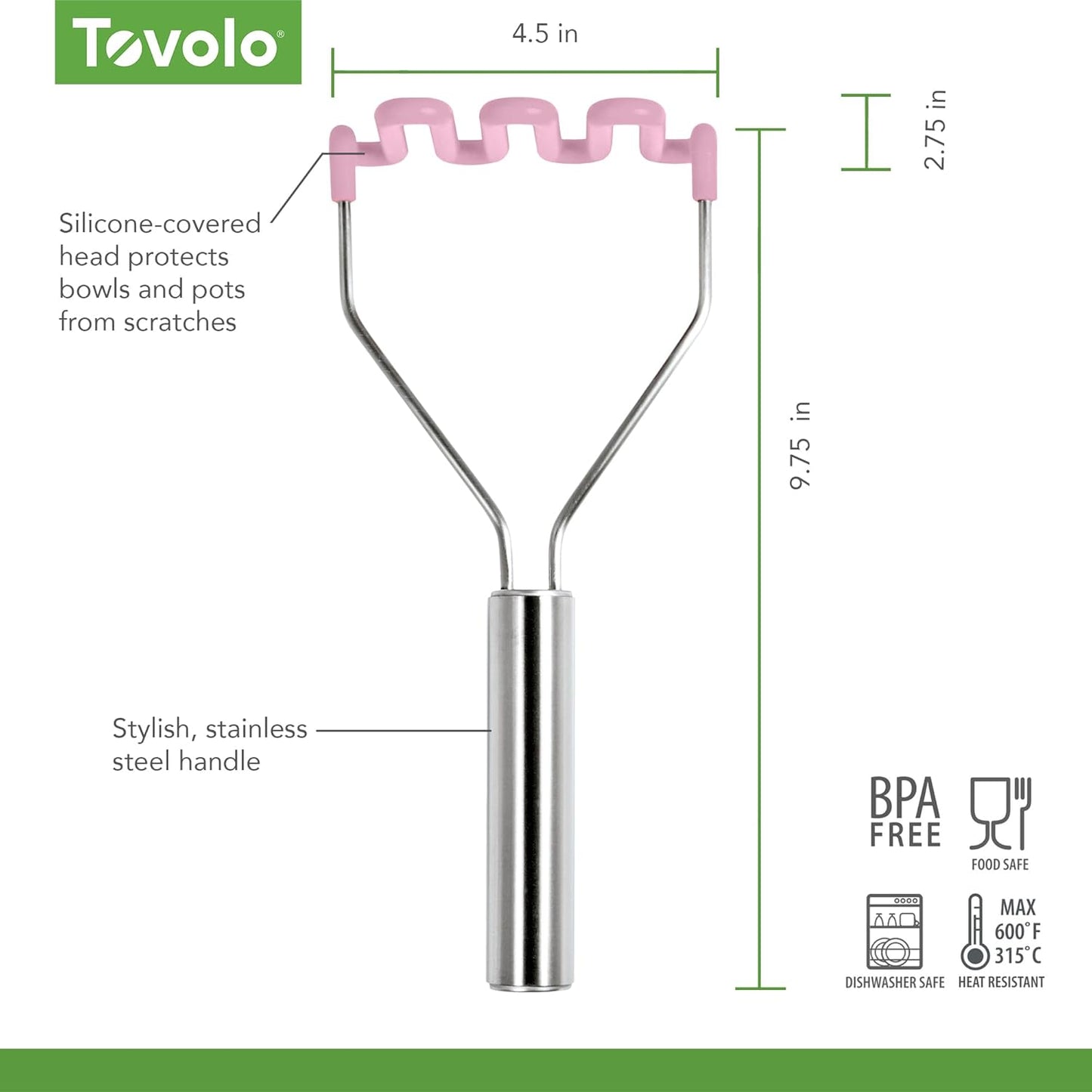 Tovolo Silicone Potato Masher Stainless Steel Handle Pink Sorbet Dishwasher Safe Heat Resistant Non Scratch Handheld Coil Wire Potato Smasher for Nonstick Pans Ergonomic Kitchen Food Prep Tool