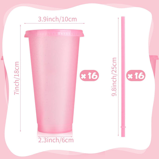Hxezoc 16-Piece Reusable Cups with Lids and Straws, 24 oz Glitter Plastic Tumbler Iced Coffee Cups Travel Mugs for Smoothies, Juices, Beach, Bachelor Party (Light Pink)