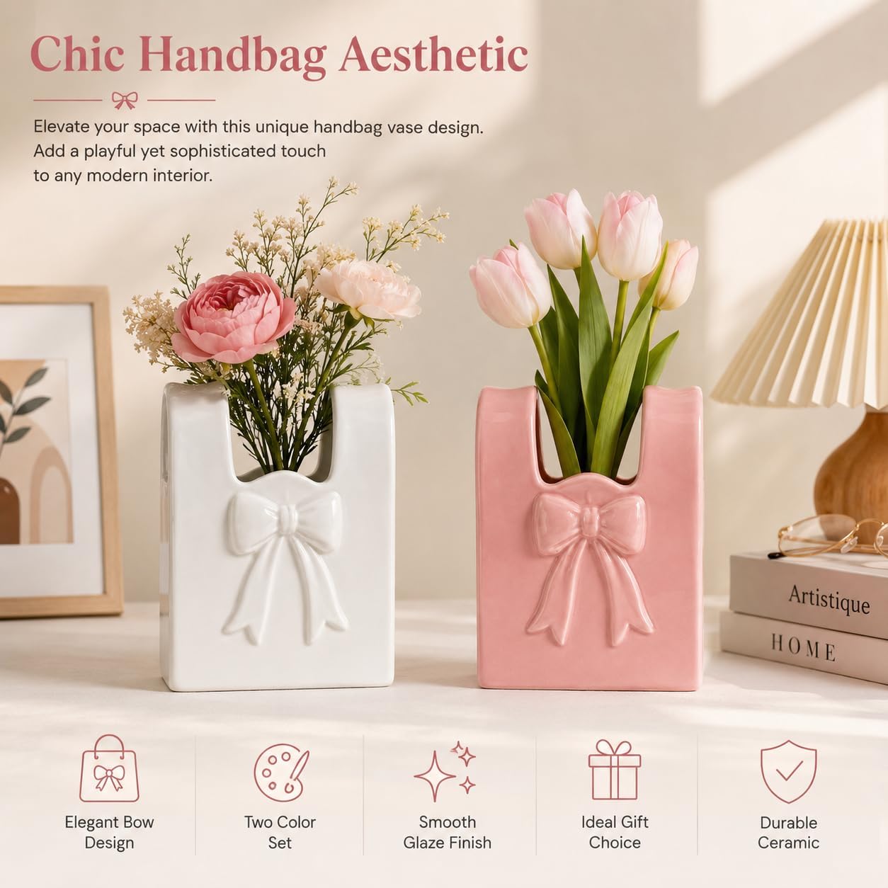 2 Pcs Ceramic Purse Vase Set, 5.5 x 4.3 in Handbag Vase with 3D Bowknot Design, Decorative Ceramic Vases for Home Decor, Pink and White Bow Accent for Office Desktop Bookshelf Wedding Gift