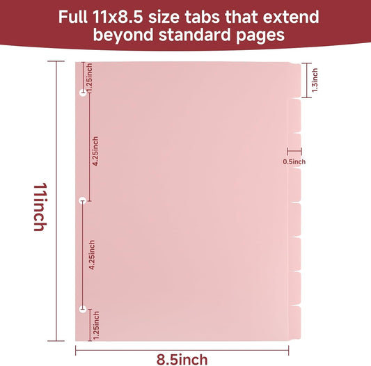 Pink 8-Set Binders Dividers with Tabs, 3-Hole Punch Folder Dividers, Extra Wide 1.3" Writable Index Tabs for College Students, Teachers, Home Office Organization, 8.5x11 Inches Fits Letter Size