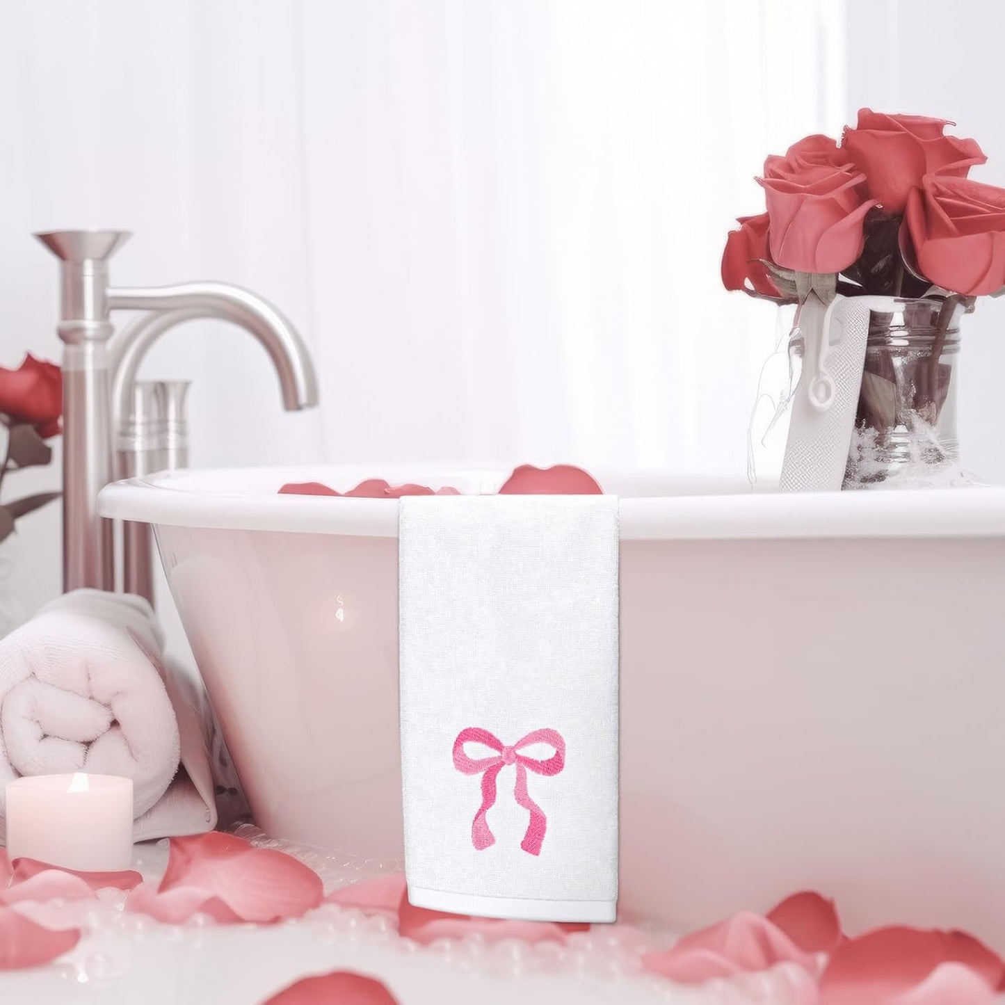 FYSUIMU 2Pcs Pink Bow Hand Towels Cotton Embroidered Bathroom Towels Coquette Bowknot Absorbent Bath Towel for Hand Drying Cleaning Cooking, 29.5 x 13.7 Inch