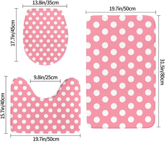 Bathroom Rugs Sets 3 Piece - Light Pink Polka Dot Print (a) Absorbent Non Slip Washable Bath Mats, U-Shape Toilet Lid Cover, Contour Mat, Soft Shower Mats Bath Rug Mat for Bathroom Tub Toilet