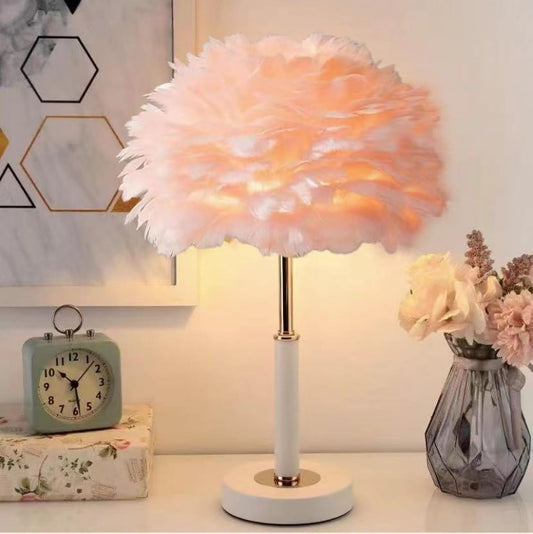 Fluffy Pink Feather Table Lamp, White Metal Stand | US Plug, Button Control, 3 Color Modes LED, Modern Minimalist Design, Bedroom Vanity Decor