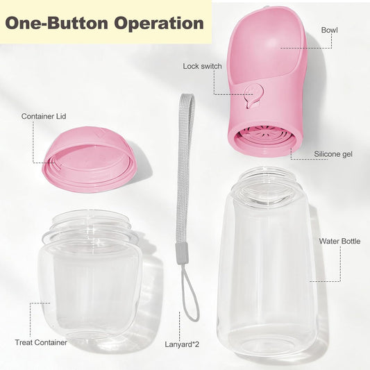 Portable Dog Water Bottle with Food Container, BPA Free Travel Water Bottle for Dogs, 2-in-1 Dispenser Drinking Feeder for Pets Walking, Hiking, Travel, Puppy Essentials, Pink, 12oz