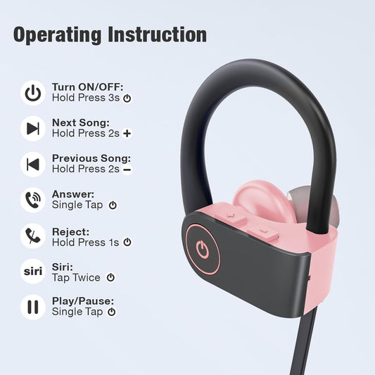 JOYWISE Bluetooth Headphones, Wireless Headphones 16H Playtime Wireless Earbuds with Mic Stereo in-Ear Earphones, IPX7 Waterproof Sports Ear Buds Sound Isolation Headsets for Running, Workout Pink