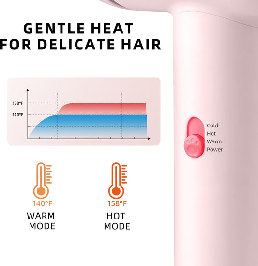 YALICE Kids Hair Dryer, Travel Small Hair Dryer for Children, Mini Ionic Quiet Kids Blow Dryer with ALCI Safety Plug, 3 Speed Settings, Anti-Scald, Kids Birthday Gift for Baby Hair Accessories, Pink