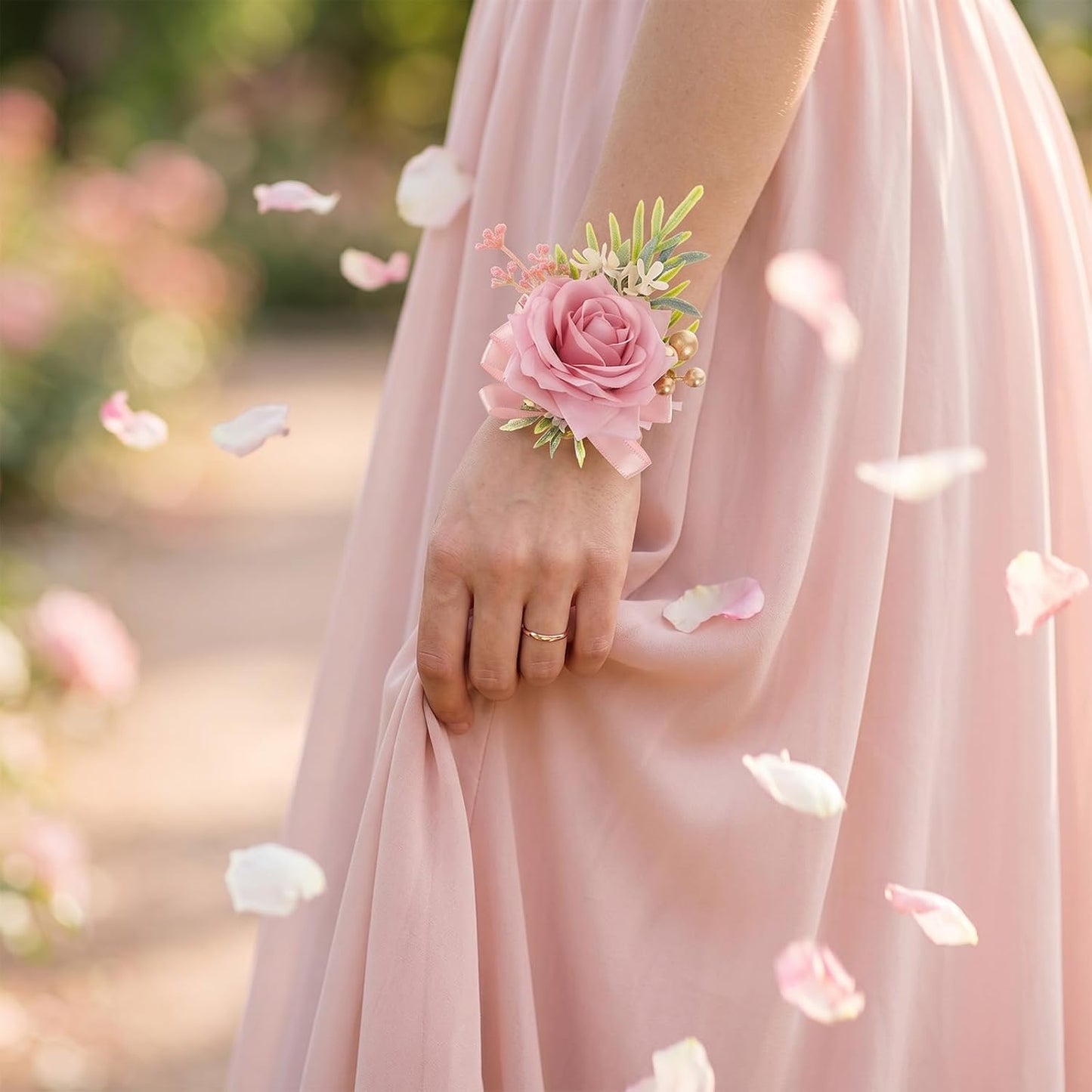 2 Pcs Pink Corsage and Boutonniere Set for Bride Groom Bridesmaids Groomsmen Wedding Homecoming Artificial Flower Prom Wrist Corsage Rose Boutonniere and Wrist Corsages Flower Party Accessories