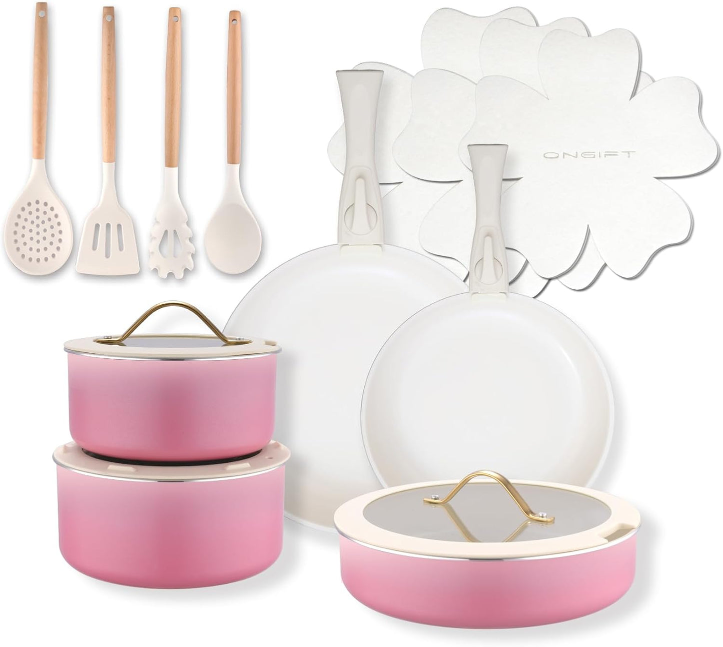 ONGIFT 20pcs Ceramic Cookware Set Nonstick, Detachable Handle Pots and Pans Set, Non Toxic,No PFAS & PTFE & PFOA, Dishwasher/Oven Safe, RV Kitchen Set Removable Handle for Cooking, Pink