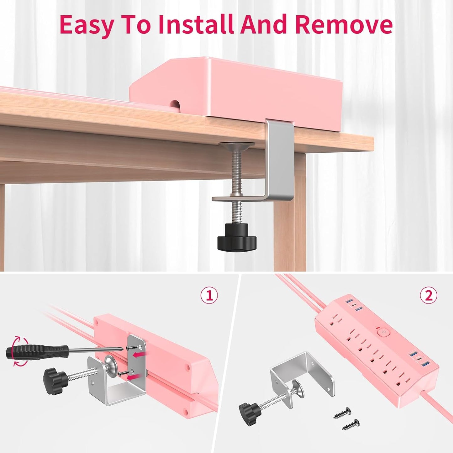 Pink Desk Clamp Power Strip 6FT with 40W USB C Ports, JXGUCAT Flat Plug Desk Mount Power Strip Surge Protector, Removable Extension Cord with 2 USB-C Ports 6 Outlets, Fits 1.8" Tabletop Edge