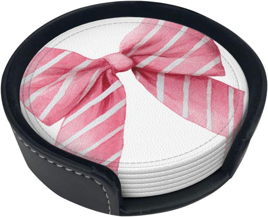 Light Pink Watercolor Bow with White Stripes Premium Leather Coasters, Set of 6 with Holder, Stylish Beverage Coasters for Kitchen Coffee Bar