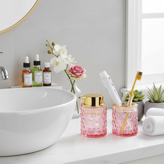 Bathroom Accessories Set 2pcs Glass Foaming Soap Dispenser and Toothbrush Holder for Bathroom Countertop, Pink Glass Bathroom Assessory Set with Gold Decor