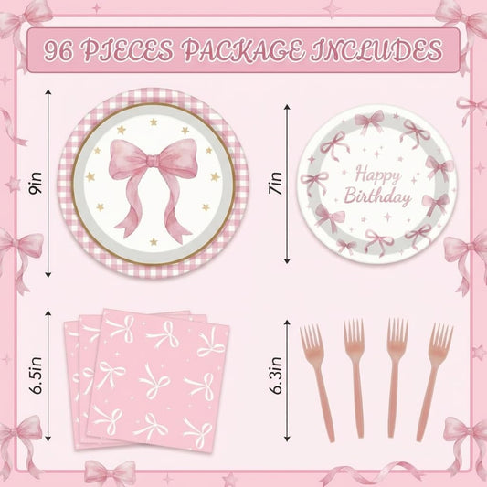 ArtSocket 96 Pcs Pink Bow Party Decorations Tableware Set, Coquette Disposable Dessert Plates Napkins Forks for Table Decorations Favors for Kids Girls Baby Shower Birthday Party Serve 24 Guests