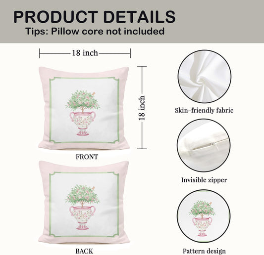 Pink Chinoiserie Floral Pillow Covers 18x18, Cottagecore Pink and Green Flower Botanical Decorative Pillow Covers for Home Baby Girl Room Nursery, Set of 2