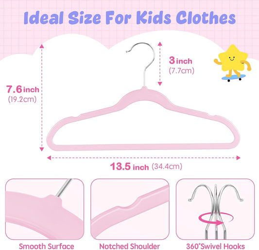 HOUSE DAY 13.5 Inch Kids Hangers 50 Pack - Premium ABS Plastic Clothes Hangers for Kids, Children, Preteens - Space Saving Thin Profile, Strong & Durable Hangers with 360° Swivel Hook - Pink