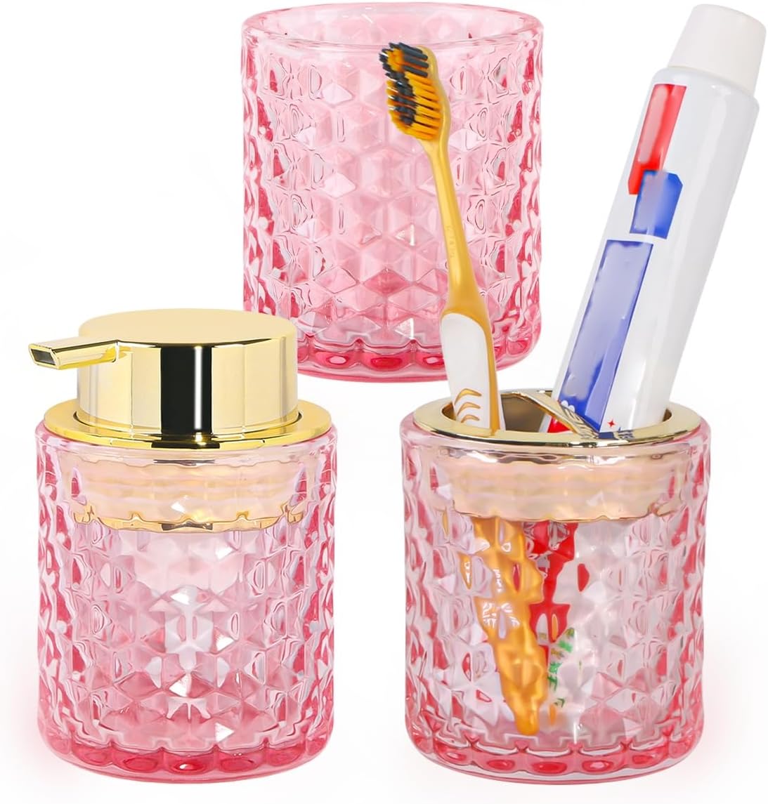 Bathroom Accessories Set, 3pcs Pink Glass Bathroom Accessory Set,Toothbrush Holder, Foaming Soap Dispenser and Tumbler, Gold Bathroom Decor Sets for Organizer, Home Apartment Gift