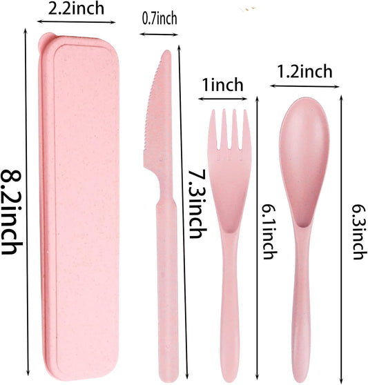 2Pack Pink Wheat Straw Travel Utensil Set, Reusable Fork Spoon Knife with Case, BPA-Free Portable Cutlery for Camping, Picnic & Office